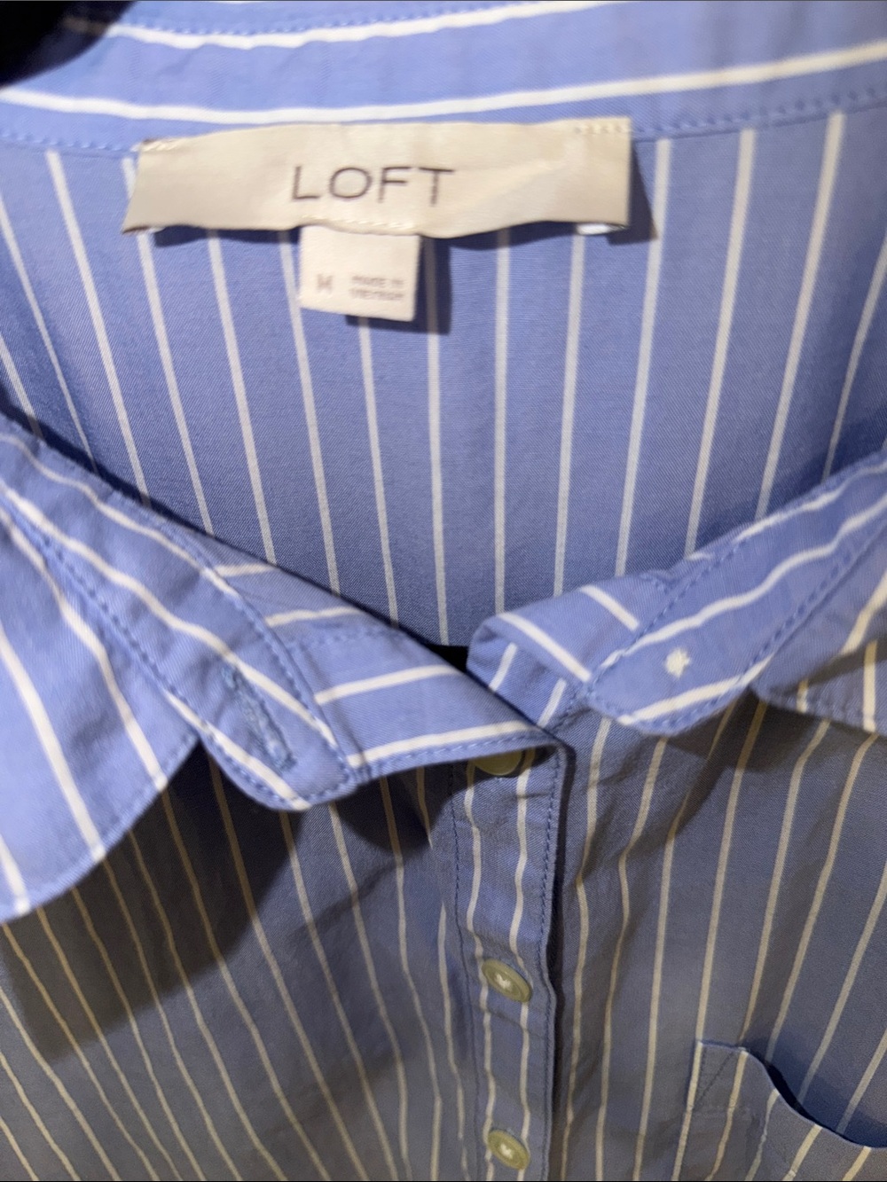 LOFT Blue and White Vertical-Stripe Button Down Shirt - Picture 4 of 7